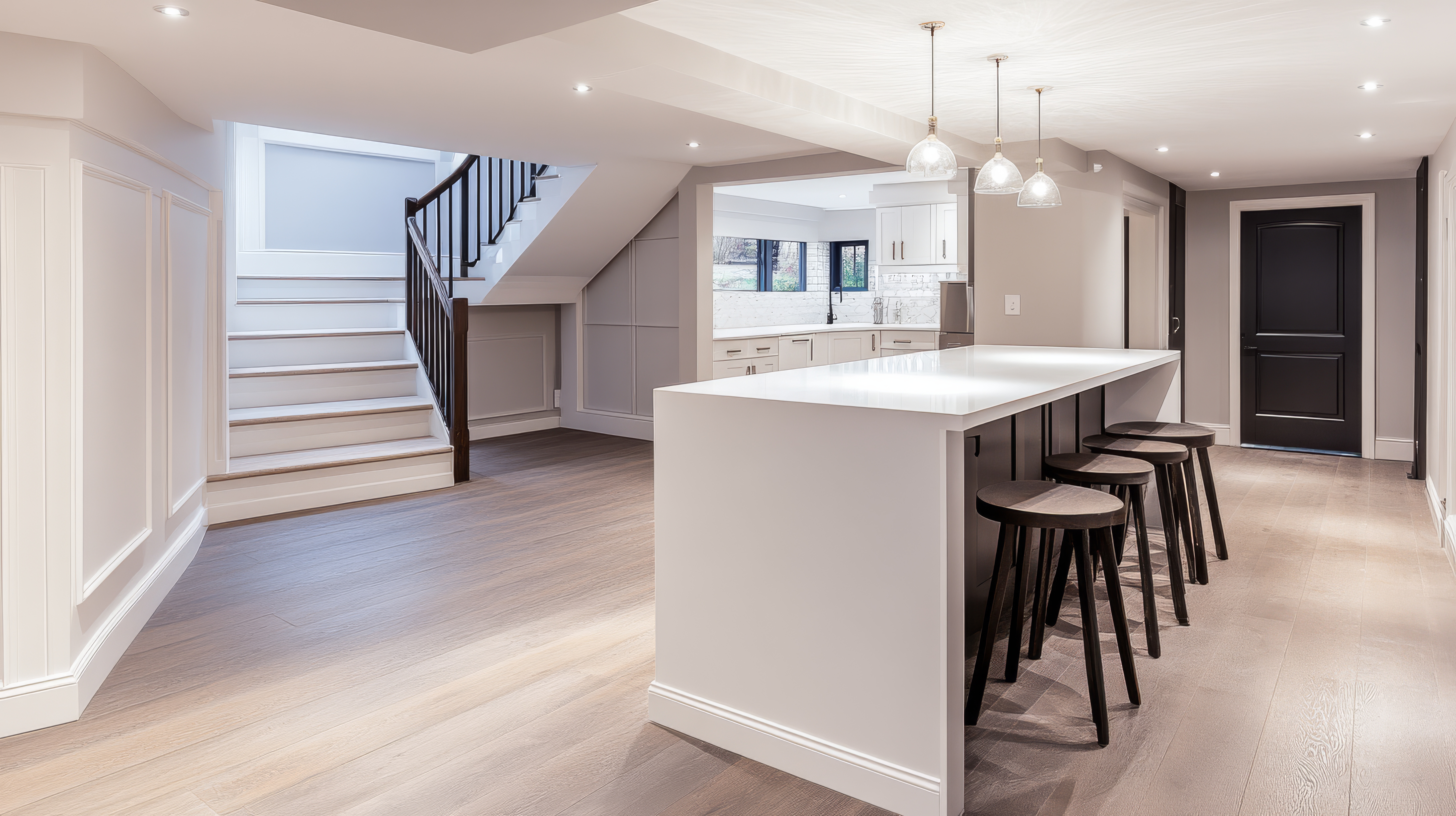 A Comprehensive Modern Basement Renovation Featuring Stylish Design and Inviting Ambience