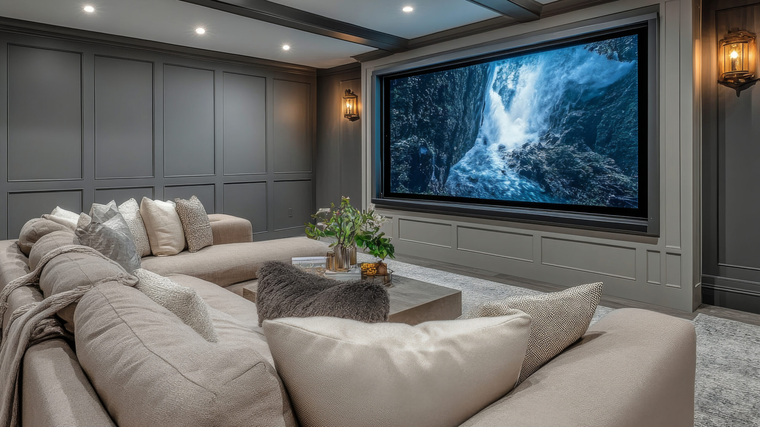 Cozy home theater with large screen displaying majestic waterfall at nighttime