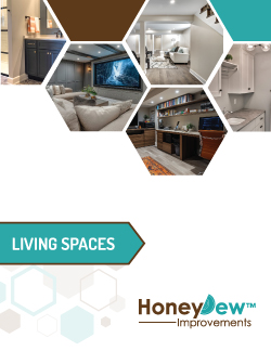 Hexagonal collage of modern living spaces (kitchen, living room, bathroom) with a teal 'Living Spaces' banner and Honeydew Improvements logo.