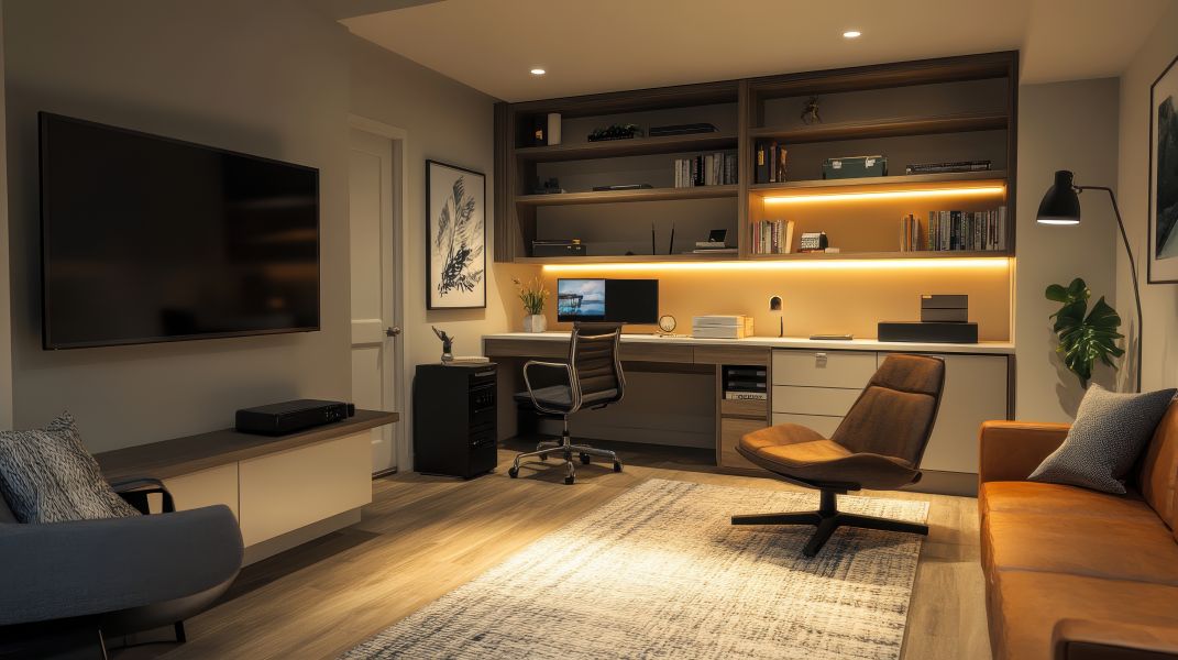 Lower Level Office with earth tones, recessed lights and custom workspace.